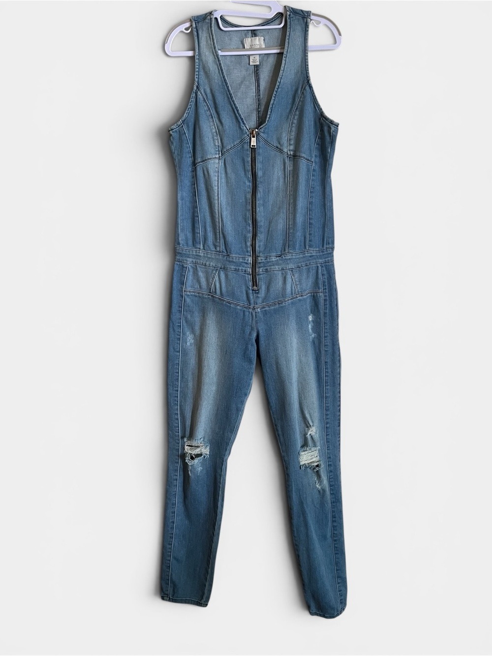 Guess Blue Zip-Front Denim Jumpsuit